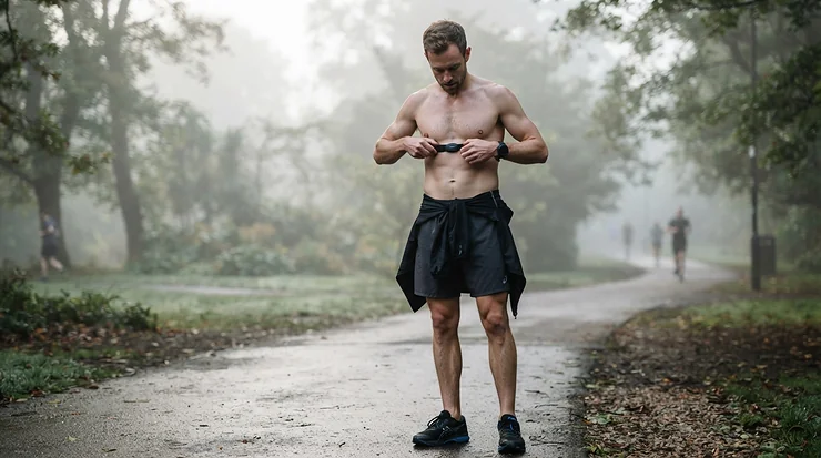 Runner adjusting a heart rate monitor for running before a morning jog in a local park