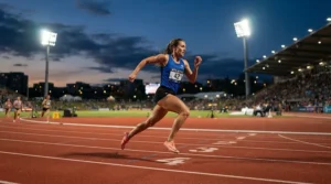 Runner using a heart rate monitor for running during an intense evening track session