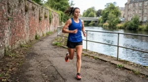 A runner listening to music through budget running earbuds under £50 along a canal path