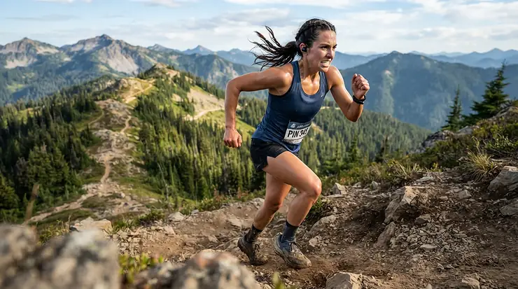 A runner pushing up a steep hill while wearing running earbuds under £50