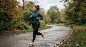 A jogger testing running earbuds under £50 during a morning session in a local park