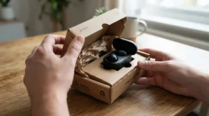 Unboxing affordable audio gear including running earbuds under £50 on a wooden table
