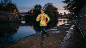 Reflective gear paired with Shokz running headphones for a safe evening run along the canal