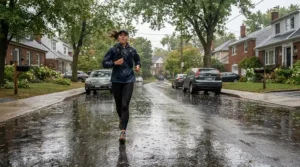 Water-resistant Shokz running headphones being used during a typical rainy jog through a British suburb
