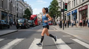 Maintaining road safety awareness with Shokz running headphones near a pedestrian crossing in Manchester