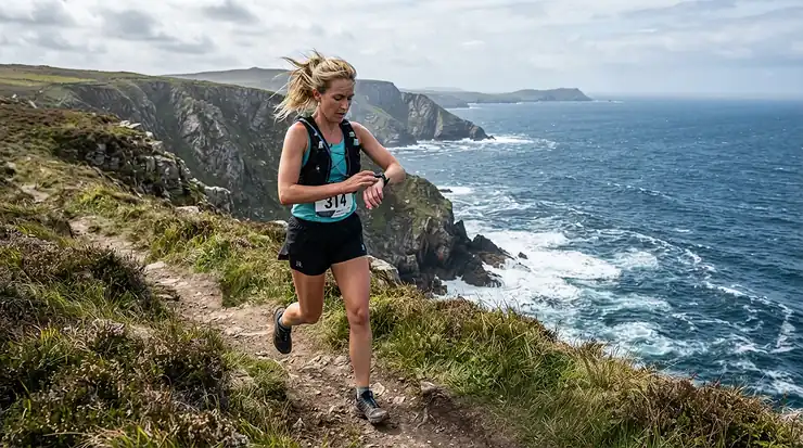 A runner checking split times on a waterproof fitness tracker for running along a windy coastal path