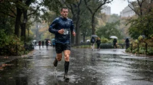 A runner wearing a waterproof fitness tracker for running while training through a heavy downpour on a tarmac path