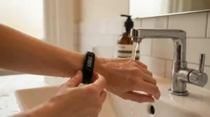 A runner rinsing sweat off a waterproof fitness tracker for running under a gym shower