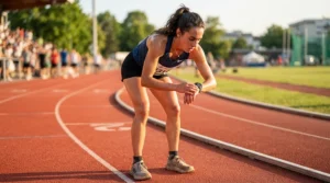 An athlete looking at interval metrics on a waterproof fitness tracker for running at a running track