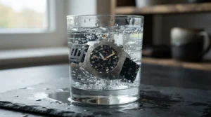 A waterproof fitness tracker for running submerged in a glass of water to demonstrate its water resistance rating