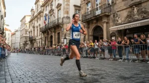 A marathon runner adjusting workout audio tracks using touch controls on wireless running earbuds