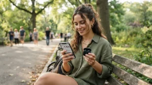 A runner pairing wireless running earbuds with a smartphone before a sprint session in the park