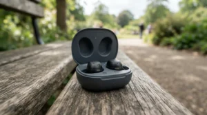 Wireless running earbuds resting inside their compact charging case on a wooden bench after a morning run