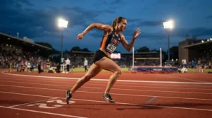 A sprinter wearing lightweight wireless running earbuds during evening interval training at an athletics track