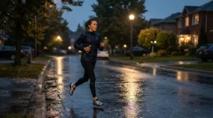 A runner using weather-proof wireless running earbuds during a rainy autumn evening jog through neighbourhood streets