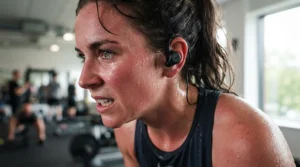 Close-up of wireless running earbuds showing sweat resistance during an intense cardio workout in a London gym